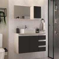 Conjunto Gabinete Banheiro Prisma 80cm Gabinete + Cuba + Espelheira Com Vidro Madeirado Preto - 1