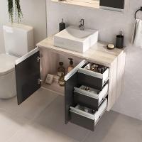 Conjunto Gabinete Banheiro Prisma 80cm Gabinete + Cuba + Espelheira Com Vidro Madeirado Preto - 3