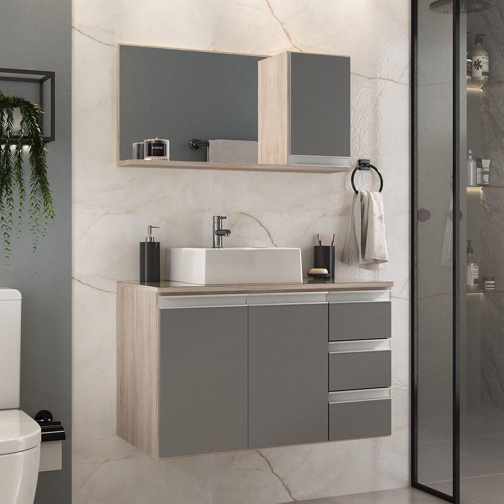 Conjunto Gabinete Banheiro Prisma 80cm Gabinete + Cuba + Espelheira Com Vidro Madeirado Cinza - 1