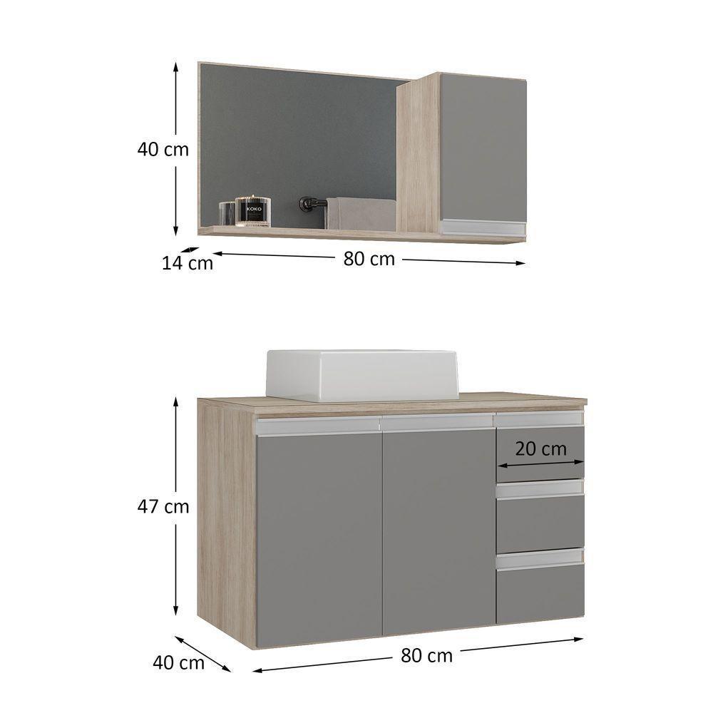 Conjunto Gabinete Banheiro Prisma 80cm Gabinete + Cuba + Espelheira Com Vidro Madeirado Cinza - 2