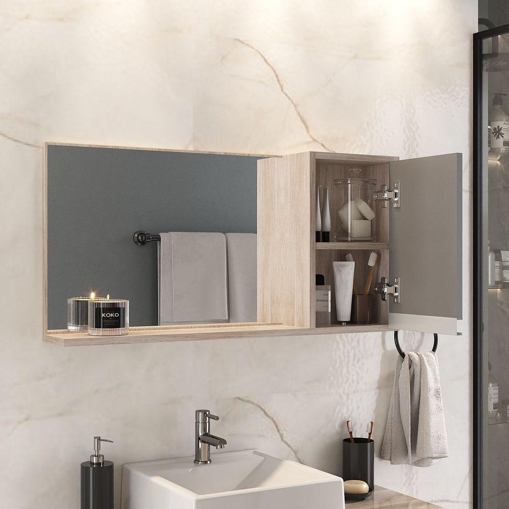 Conjunto Gabinete Banheiro Prisma 80cm Gabinete + Cuba + Espelheira Com Vidro Madeirado Cinza - 3