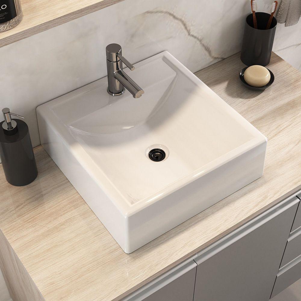 Conjunto Gabinete Banheiro Prisma 80cm Gabinete + Cuba + Espelheira Com Vidro Madeirado Cinza - 6