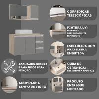 Conjunto Gabinete Banheiro Prisma 80cm Gabinete + Cuba + Espelheira Com Vidro Madeirado Cinza