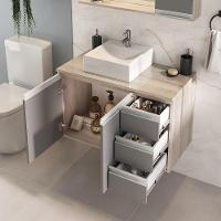 Conjunto Gabinete Banheiro Prisma 80cm Gabinete + Cuba + Espelheira Com Vidro Madeirado Cinza - 5