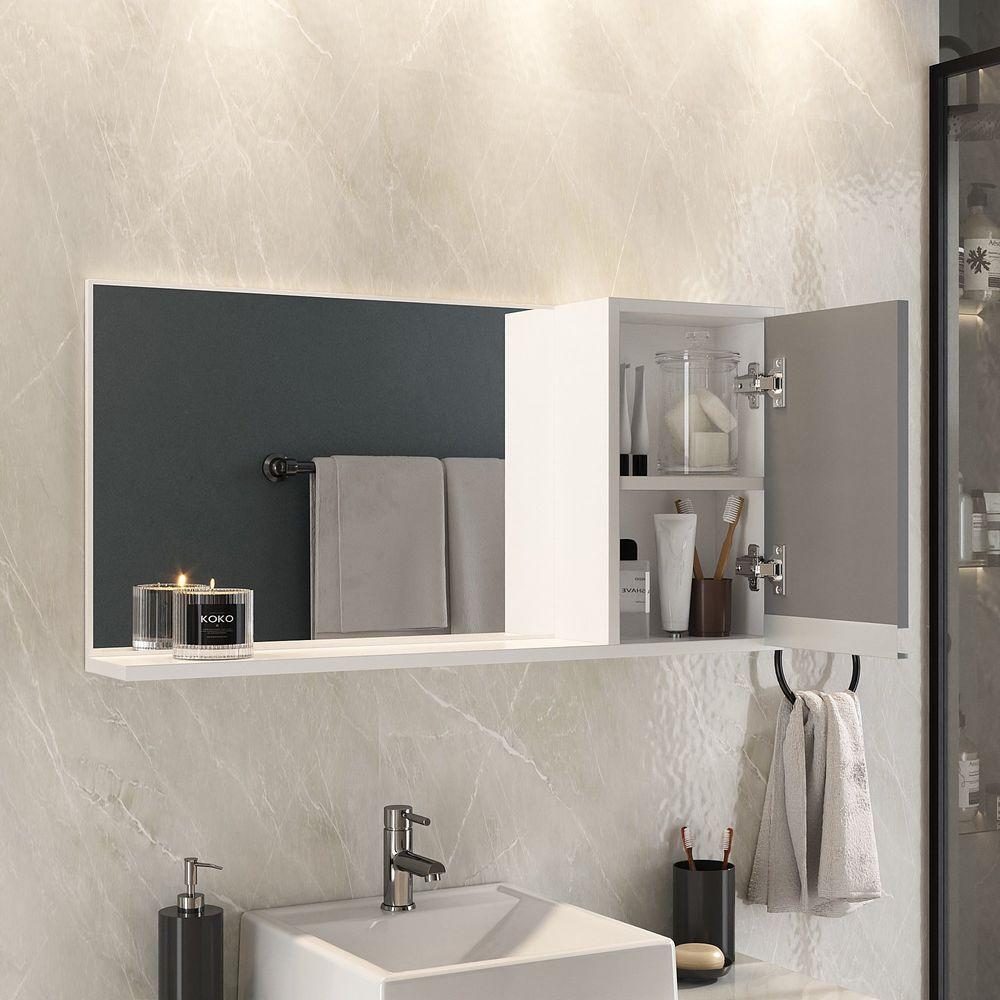 Conjunto Gabinete Banheiro Prisma 80cm Gabinete + Cuba + Espelheira Com Vidro Branco Cinza - 3