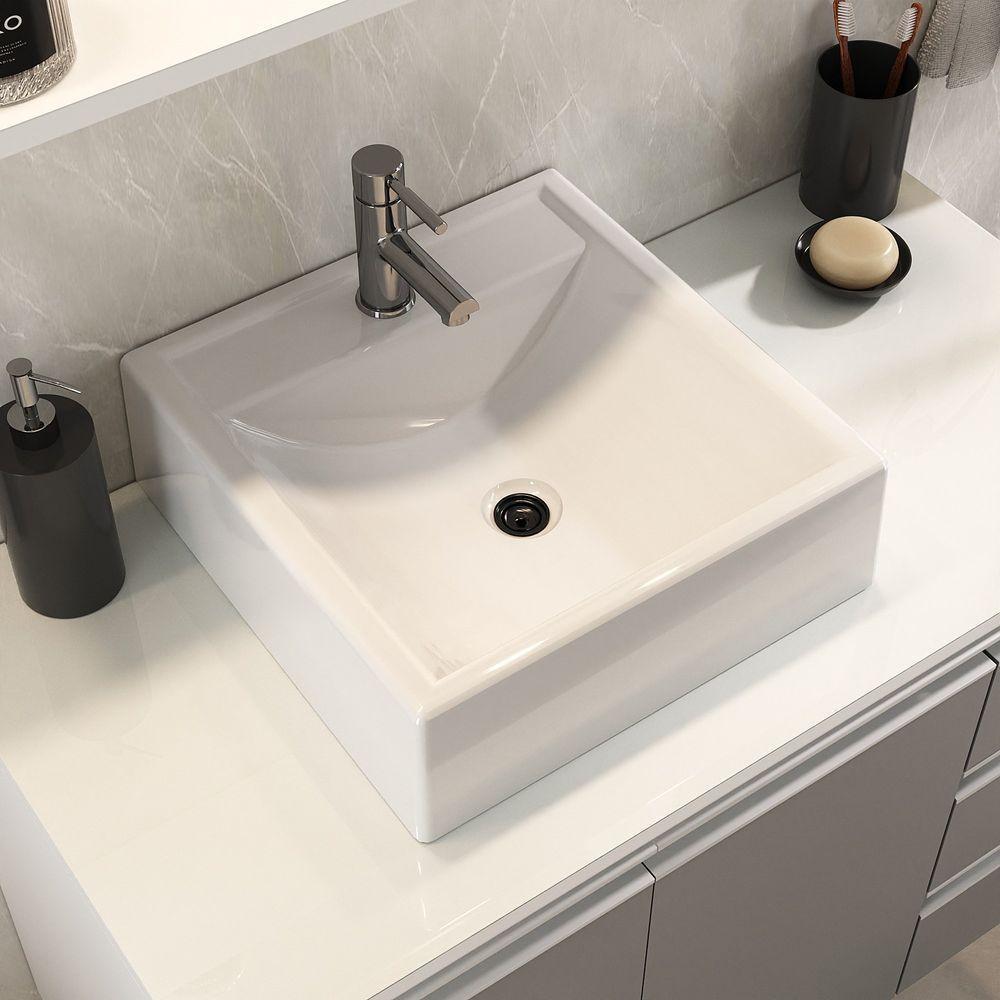 Conjunto Gabinete Banheiro Prisma 80cm Gabinete + Cuba + Espelheira Com Vidro Branco Cinza - 6