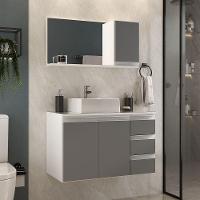 Conjunto Gabinete Banheiro Prisma 80cm Gabinete + Cuba + Espelheira Com Vidro Branco Cinza - 1
