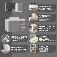 Conjunto Gabinete Banheiro Prisma 80cm Gabinete + Cuba + Espelheira Com Vidro Branco Cinza