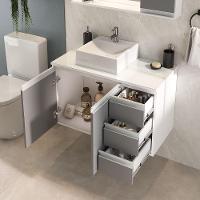 Conjunto Gabinete Banheiro Prisma 80cm Gabinete + Cuba + Espelheira Com Vidro Branco Cinza - 5