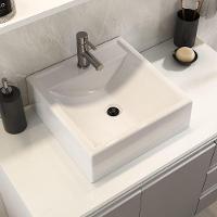 Conjunto Gabinete Banheiro Prisma 80cm Gabinete + Cuba + Espelheira Com Vidro Branco Cinza - 6