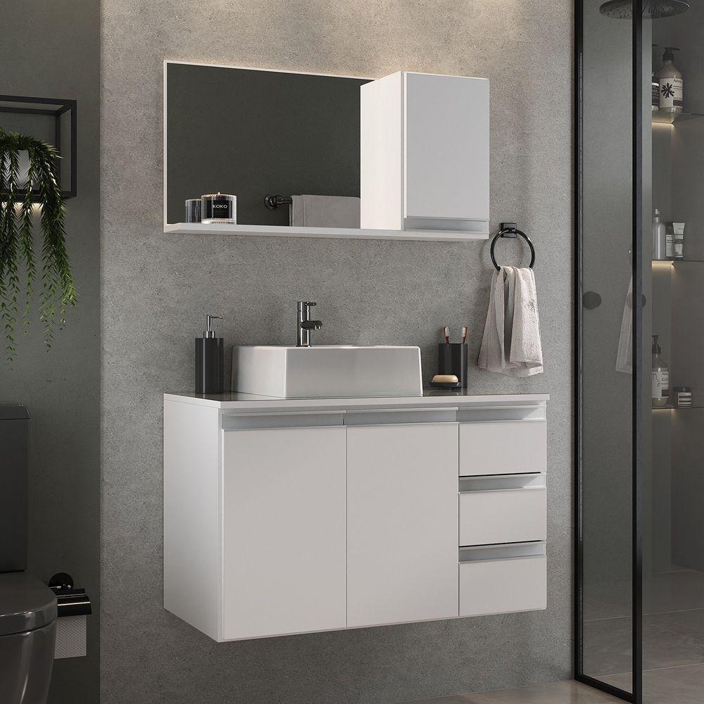 Conjunto Gabinete Banheiro Prisma 80cm Gabinete + Cuba + Espelheira Com Vidro Branco Inteiro - 1
