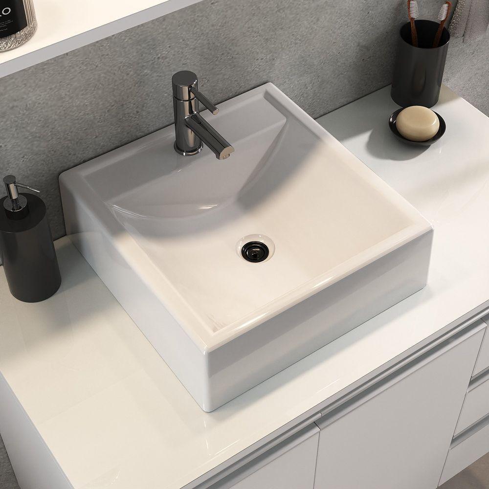 Conjunto Gabinete Banheiro Prisma 80cm Gabinete + Cuba + Espelheira Com Vidro Branco Inteiro - 6