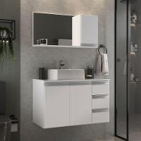 Conjunto Gabinete Banheiro Prisma 80cm Gabinete + Cuba + Espelheira Com Vidro Branco Inteiro - 1