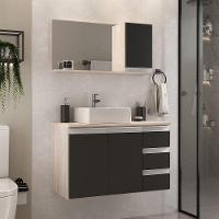 Conjunto Gabinete Banheiro Prisma 80cm Gabinete + Cuba + Espelheira Madeirado Preto - 1