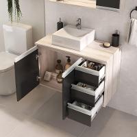 Conjunto Gabinete Banheiro Prisma 80cm Gabinete + Cuba + Espelheira Madeirado Preto - 5