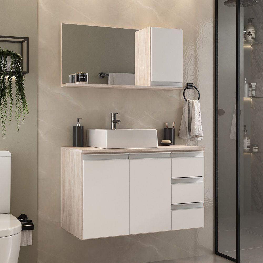 Conjunto Gabinete Banheiro Prisma 80cm Gabinete + Cuba + Espelheira Madeirado Branco - 1