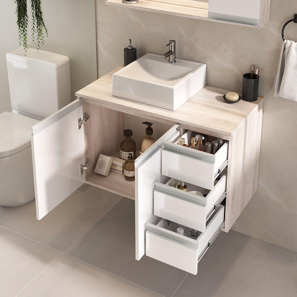 Conjunto Gabinete Banheiro Prisma 80cm Gabinete + Cuba + Espelheira Madeirado Branco - 3