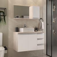 Conjunto Gabinete Banheiro Prisma 80cm Gabinete + Cuba + Espelheira Madeirado Branco - 1