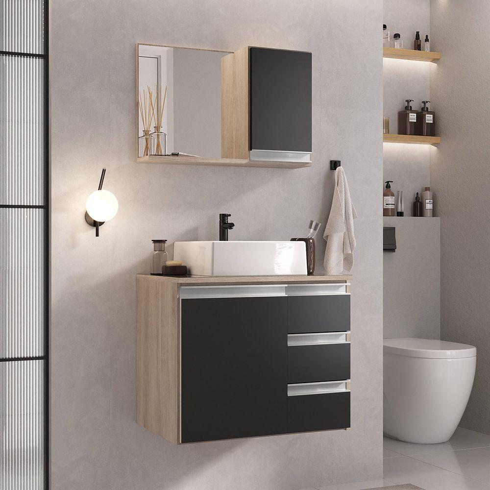 Conjunto Gabinete Banheiro Prisma 60cm Gabinete + Cuba + Espelheira Com Vidro Madeirado Preto - 1