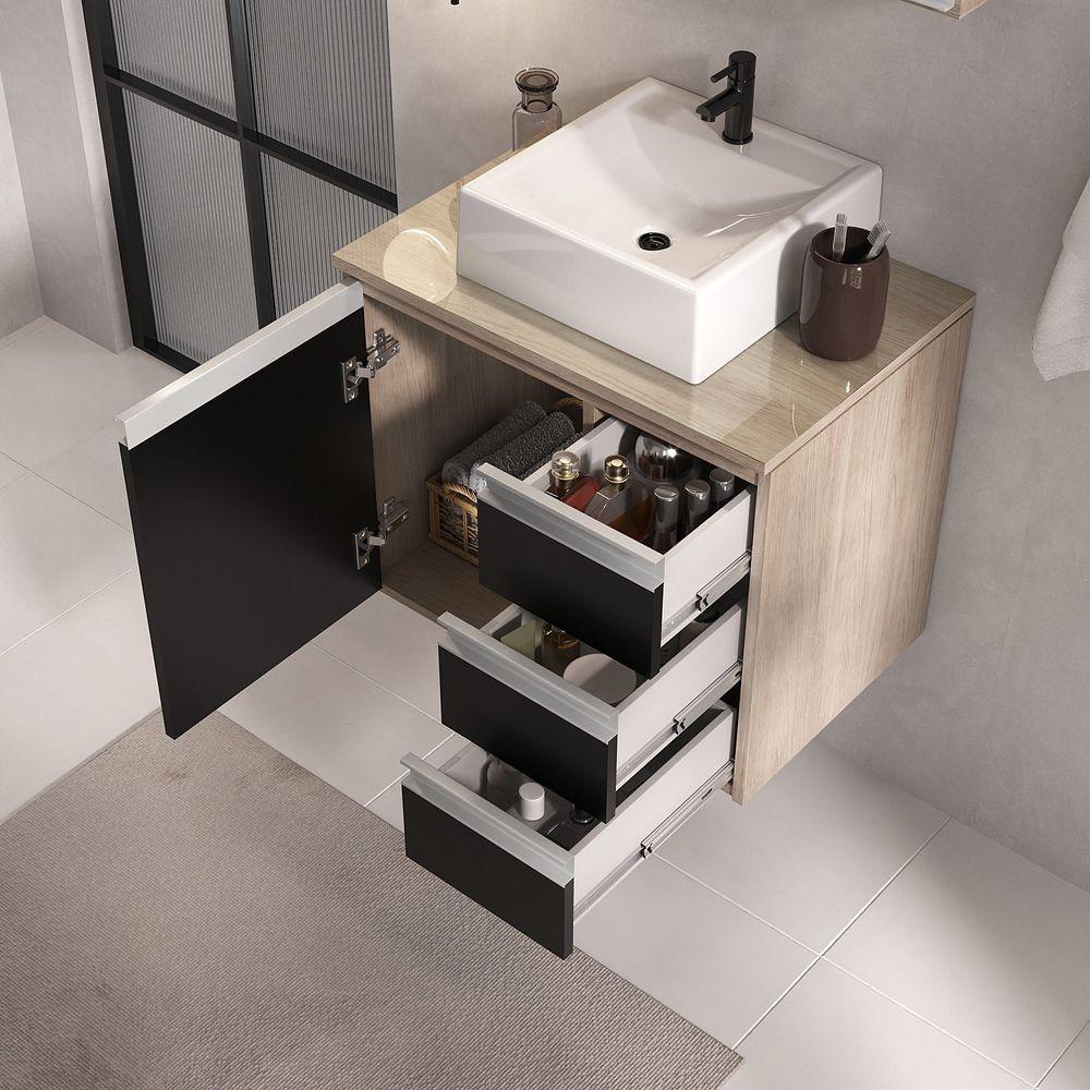 Conjunto Gabinete Banheiro Prisma 60cm Gabinete + Cuba + Espelheira Com Vidro Madeirado Preto - 5