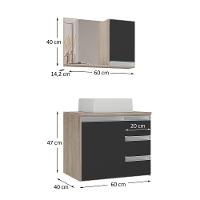 Conjunto Gabinete Banheiro Prisma 60cm Gabinete + Cuba + Espelheira Com Vidro Madeirado Preto - 2