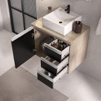 Conjunto Gabinete Banheiro Prisma 60cm Gabinete + Cuba + Espelheira Com Vidro Madeirado Preto - 5