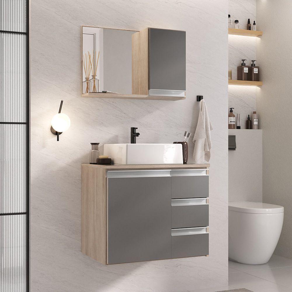 Conjunto Gabinete Banheiro Prisma 60cm Gabinete + Cuba + Espelheira Com Vidro Madeirado Cinza - 1