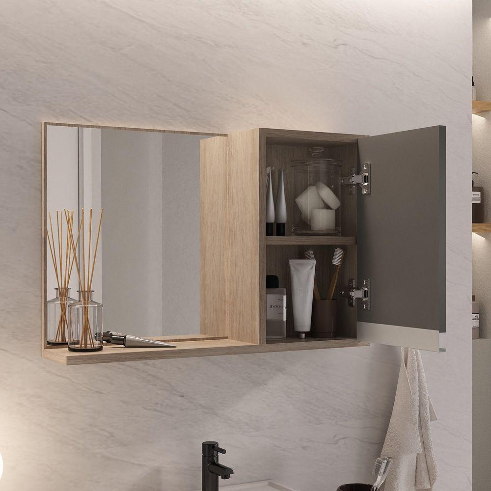 Conjunto Gabinete Banheiro Prisma 60cm Gabinete + Cuba + Espelheira Com Vidro Madeirado Cinza - 4