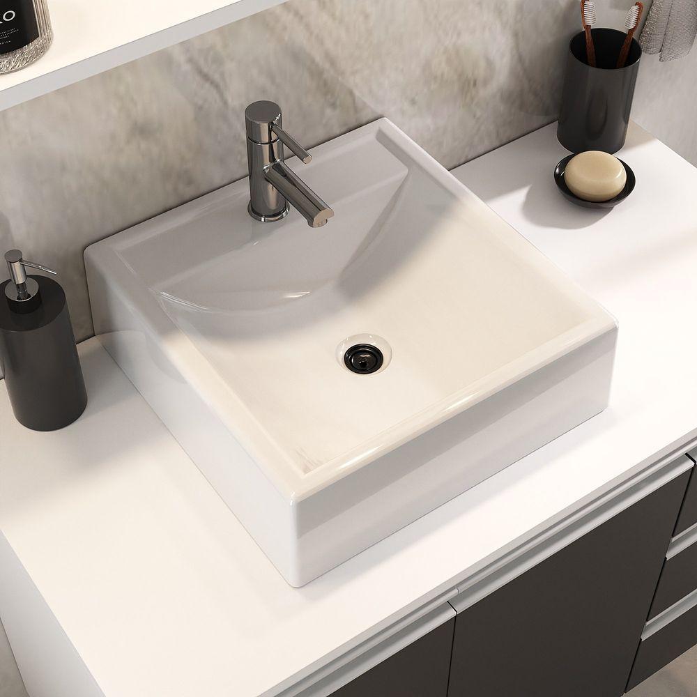 Conjunto Gabinete Banheiro Prisma 80cm Gabinete + Cuba + Espelheira Branco Preto - 2