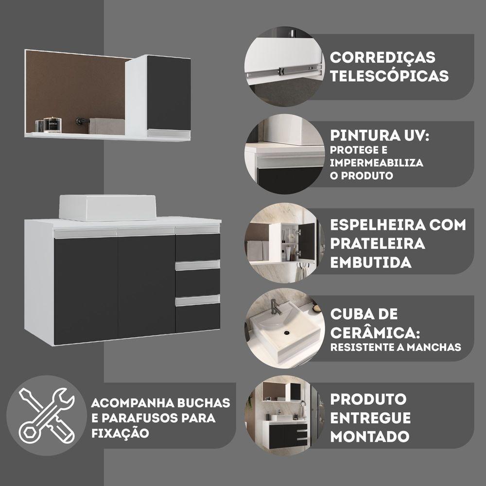 Conjunto Gabinete Banheiro Prisma 80cm Gabinete + Cuba + Espelheira Branco Preto - 4