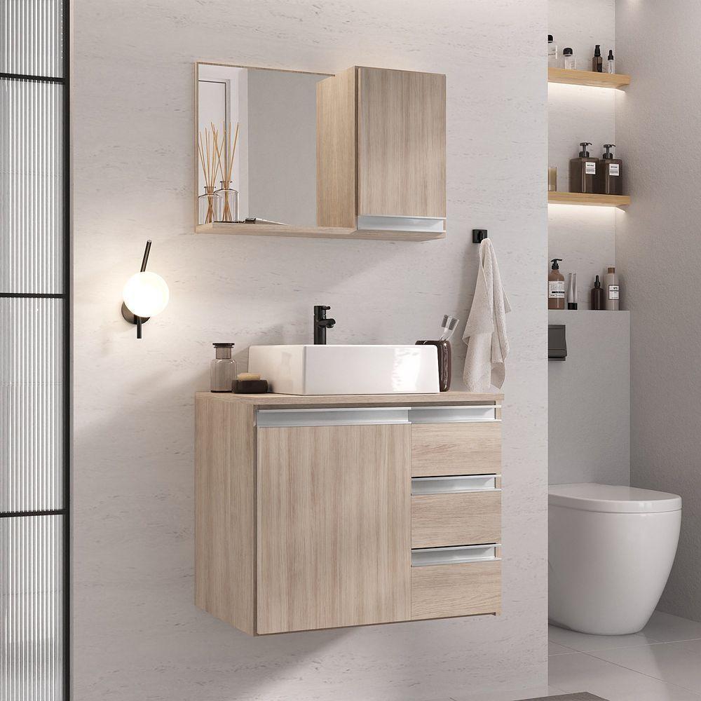 Conjunto Gabinete Banheiro Prisma 60cm Gabinete + Cuba + Espelheira Com Vidro Madeirado Inteiro - 1