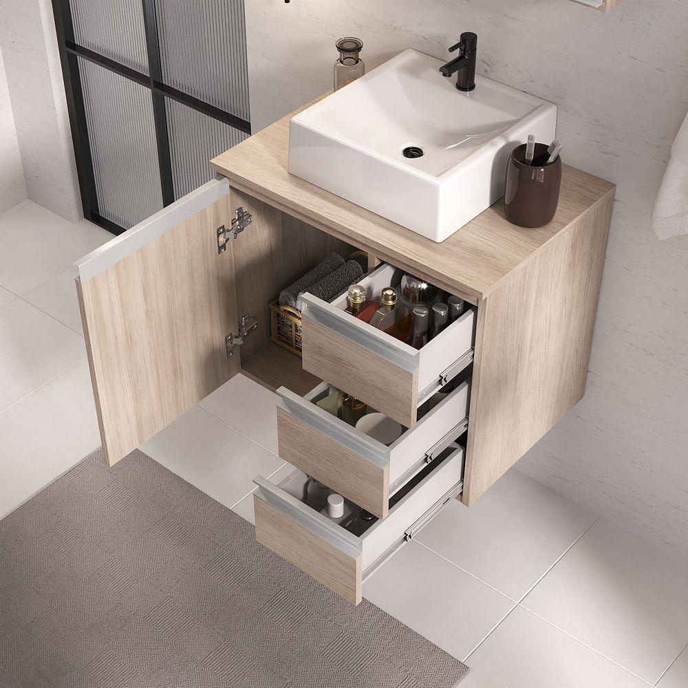 Conjunto Gabinete Banheiro Prisma 60cm Gabinete + Cuba + Espelheira Com Vidro Madeirado Inteiro - 5