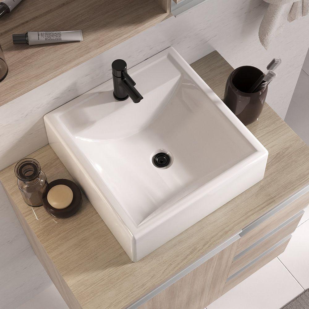 Conjunto Gabinete Banheiro Prisma 60cm Gabinete + Cuba + Espelheira Com Vidro Madeirado Inteiro - 6