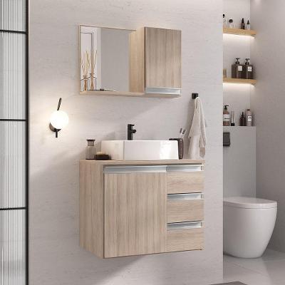 Conjunto Gabinete Banheiro Prisma 60cm Gabinete + Cuba + Espelheira Com Vidro Madeirado Inteiro
