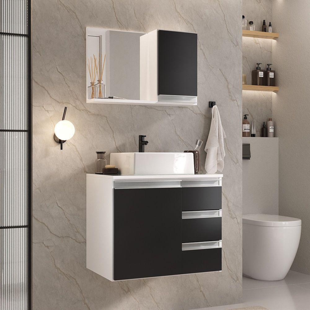 Conjunto Gabinete Banheiro Prisma 60cm Gabinete + Cuba + Espelheira Com Vidro Branco Preto - 1