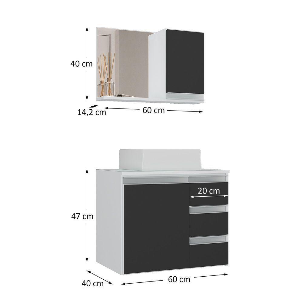 Conjunto Gabinete Banheiro Prisma 60cm Gabinete + Cuba + Espelheira Com Vidro Branco Preto - 2