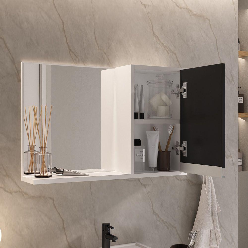 Conjunto Gabinete Banheiro Prisma 60cm Gabinete + Cuba + Espelheira Com Vidro Branco Preto - 3