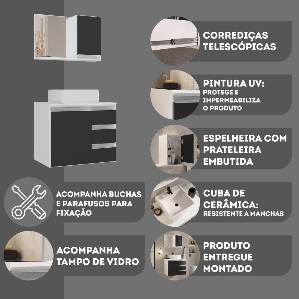 Conjunto Gabinete Banheiro Prisma 60cm Gabinete + Cuba + Espelheira Com Vidro Branco Preto - 4