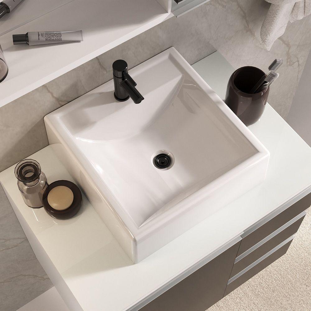 Conjunto Gabinete Banheiro Prisma 60cm Gabinete + Cuba + Espelheira Com Vidro Branco Preto - 6