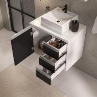 Conjunto Gabinete Banheiro Prisma 60cm Gabinete + Cuba + Espelheira Com Vidro Branco Preto - 5
