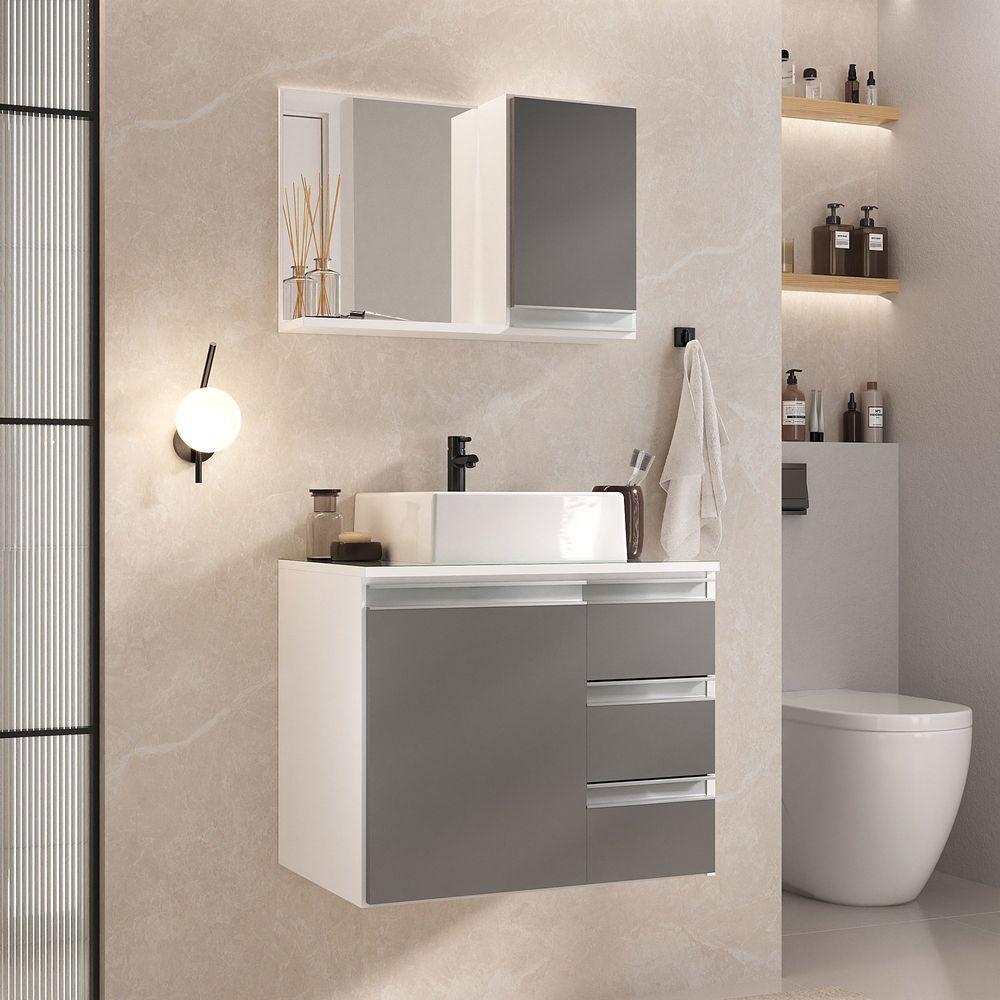 Conjunto Gabinete Banheiro Prisma 60cm Gabinete + Cuba + Espelheira Com Vidro Branco Cinza - 1