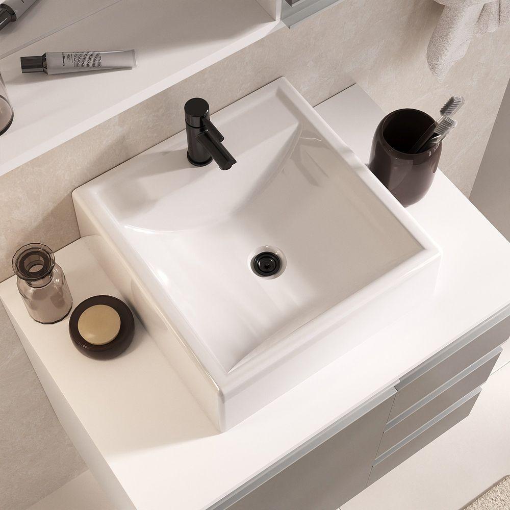 Conjunto Gabinete Banheiro Prisma 60cm Gabinete + Cuba + Espelheira Com Vidro Branco Cinza - 2