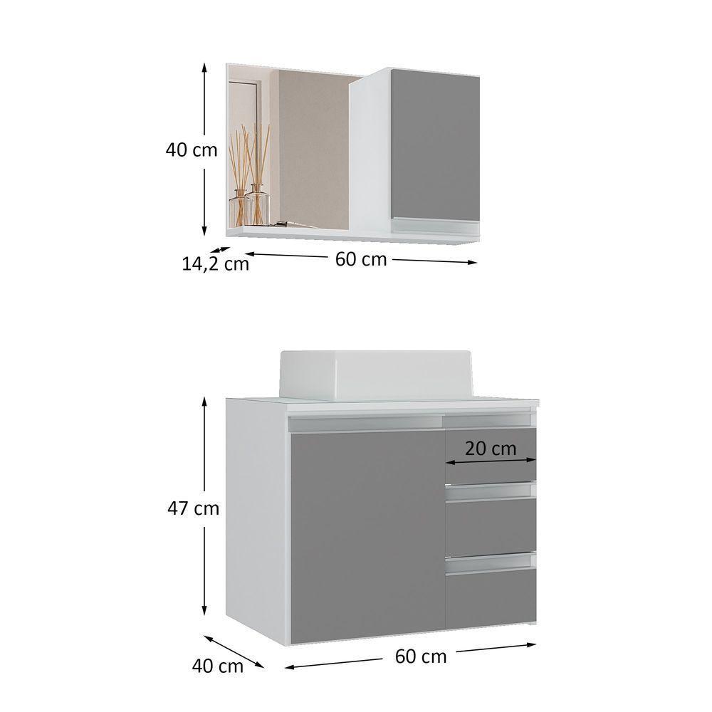 Conjunto Gabinete Banheiro Prisma 60cm Gabinete + Cuba + Espelheira Com Vidro Branco Cinza - 4