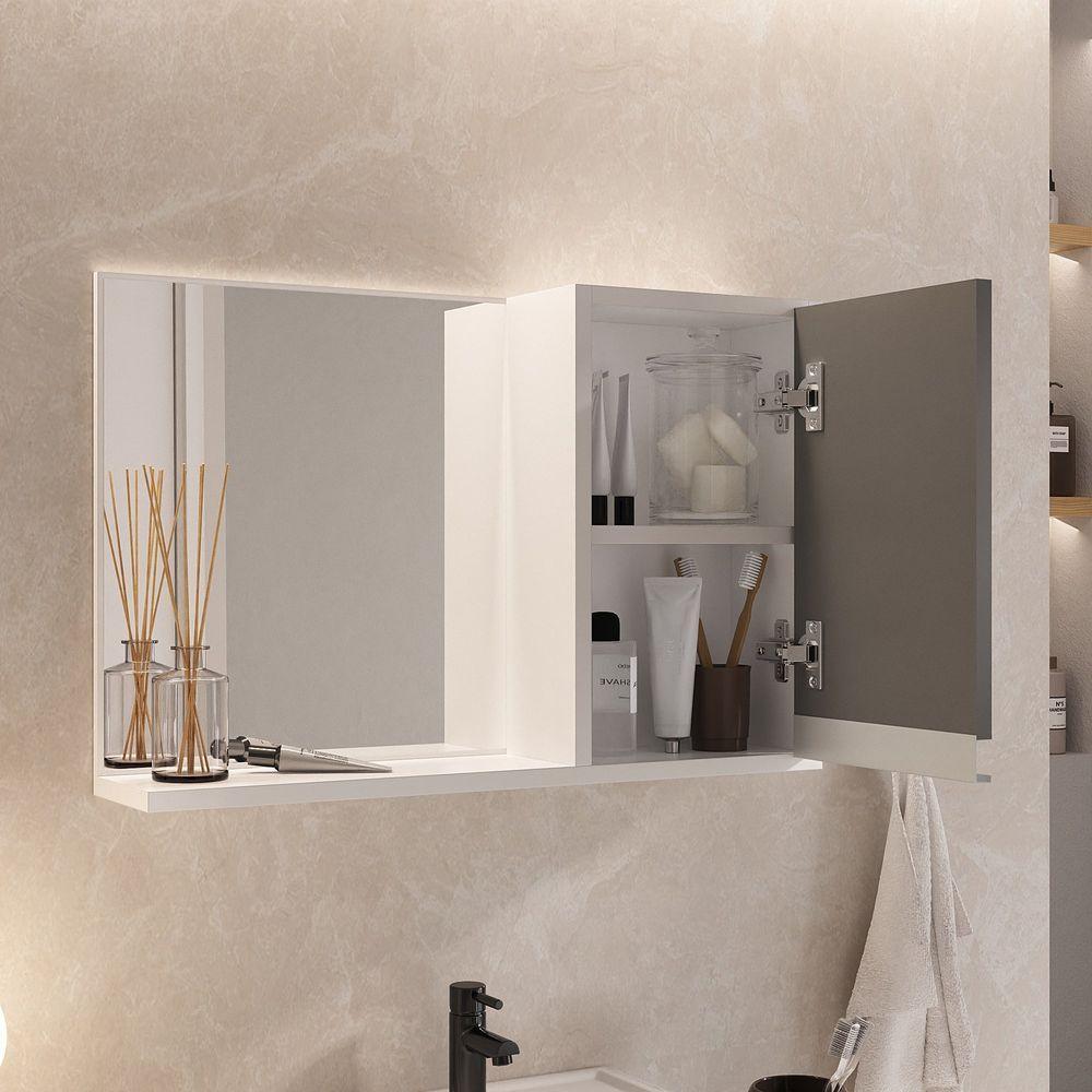 Conjunto Gabinete Banheiro Prisma 60cm Gabinete + Cuba + Espelheira Com Vidro Branco Cinza - 5