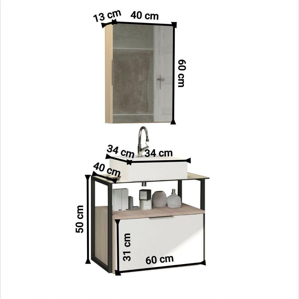 Conjunto Gabinete Urbe 60cm Madeirado Branco Tampo Branco Cuba Branca - 2