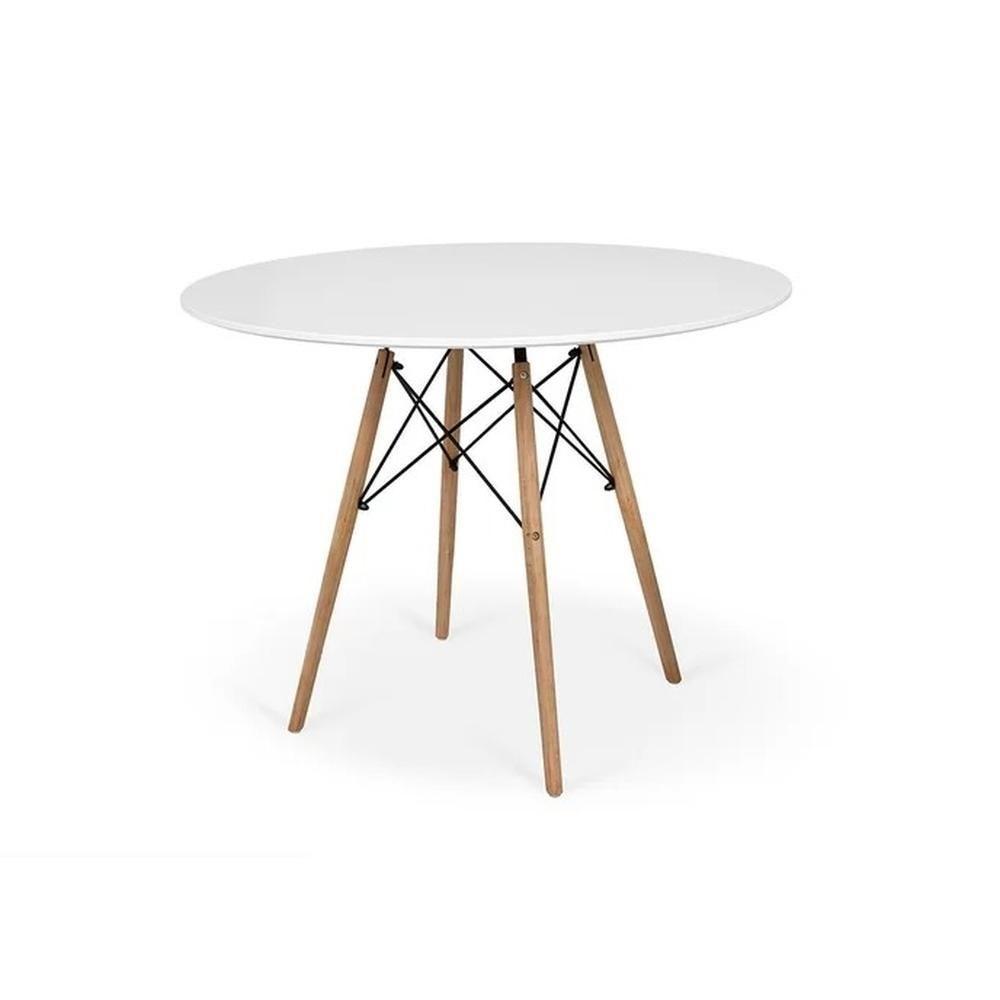 Conjunto De Mesa De Jantar Eames Eiffel Redonda 110cm Tampo De Madeira Branco Com 4 Cadeiras Brancas - 4