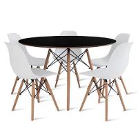 Conjunto De Mesa De Jantar Eames Eiffel Redonda 120cm Tampo De Madeira Preto Com 5 Cadeiras Brancas - 1