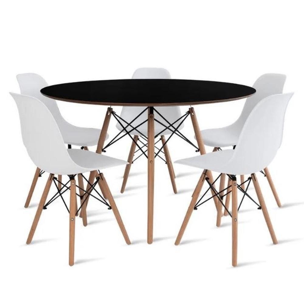 Conjunto De Mesa De Jantar Eames Eiffel Redonda 110cm Tampo De Madeira Preto Com 5 Cadeiras Brancas - 1