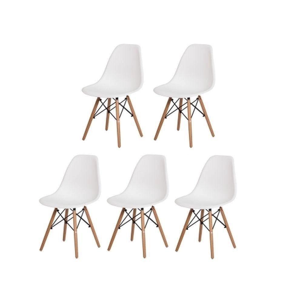 Conjunto De Mesa De Jantar Eames Eiffel Redonda 120cm Tampo De Madeira Branco Com 5 Cadeiras Brancas - 2
