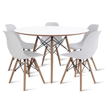 Conjunto De Mesa De Jantar Eames Eiffel Redonda 120cm Tampo De Madeira Branco Com 5 Cadeiras Brancas